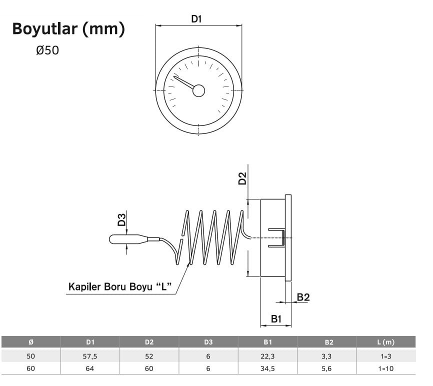 Ø50mm Kablolu Göstergeli Sıcaklık Ölçer Termometre ti050 EN13190 teknik çizimi 050502 ve boyutları