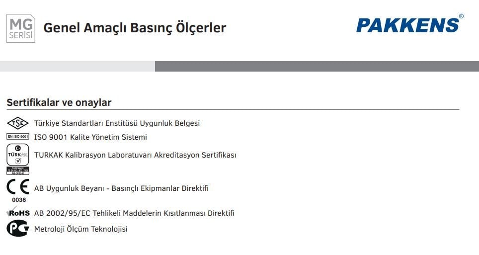 pakkens genel amaçlı manometre sertifikalar ve onaylar