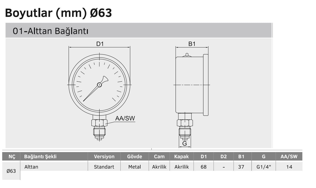 06313011 teknik çizimi boyutları mc063 gliserinli milibar manometre