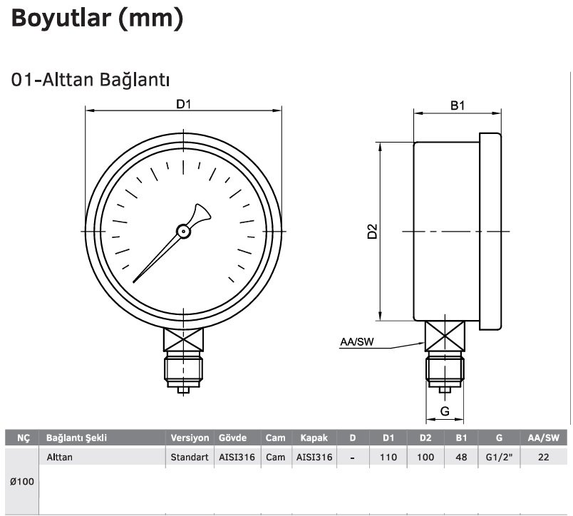 pakkens 100211 PASLANMAZ VAKUMMETRE mh100 teknik çizim ve boyutları