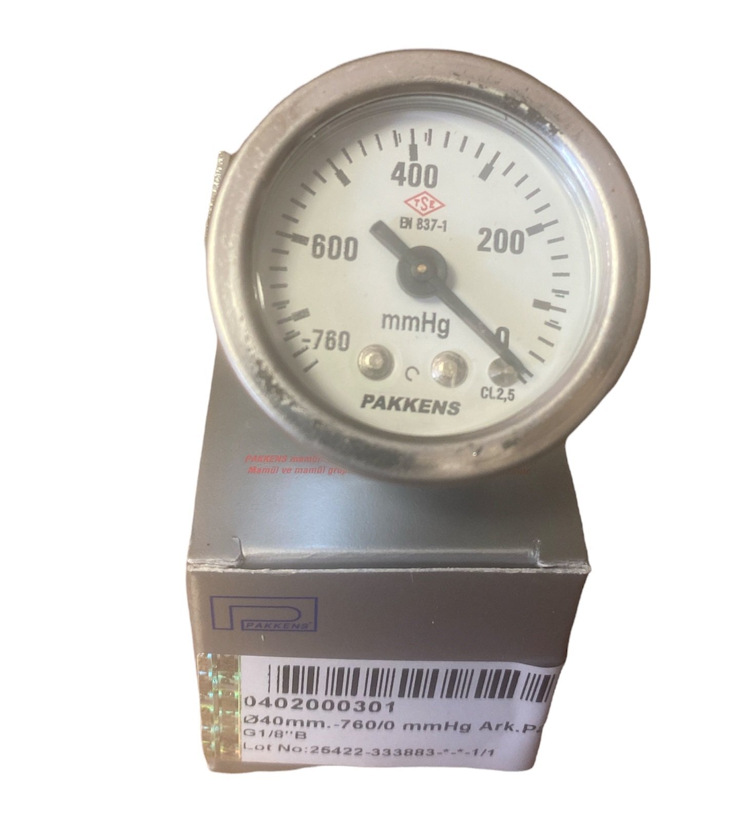 Ø40mm -760 / 0 mmHg Panotip Arka Bağlantılı Kurutip G1/8'' Vakummetre, Vakum Göstergesi CL2,5 PAKKENS 0402000301