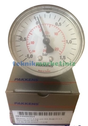 Ø63mm -1 / +1,5 Bar Arkadan Bağlantılı Kurutip G1/4'' ManoVakummetre, Vakum Göstergesi CL2,5 PAKKENS 0632000204