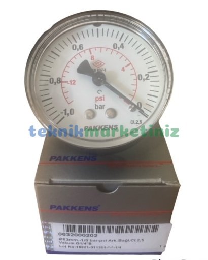 Ø63mm -1 / 0 Bar Arkadan Bağlantılı Kurutip G1/4'' Vakummetre, Vakum Göstergesi CL2,5 PAKKENS 0632000202