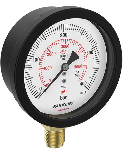 Çap Ø100mm Hassas Basınç Ölçer Manometre PAKKENS (Alttan Bağlantı, Arkadan Bağlantı Eksenden Kaçık Panotip) ve 0/0,6..1..1,6..2,5..4..6..10..16..25..40..60..100..160..250..315..400..600  BAR/PSİ SEÇENEKLERİYLE