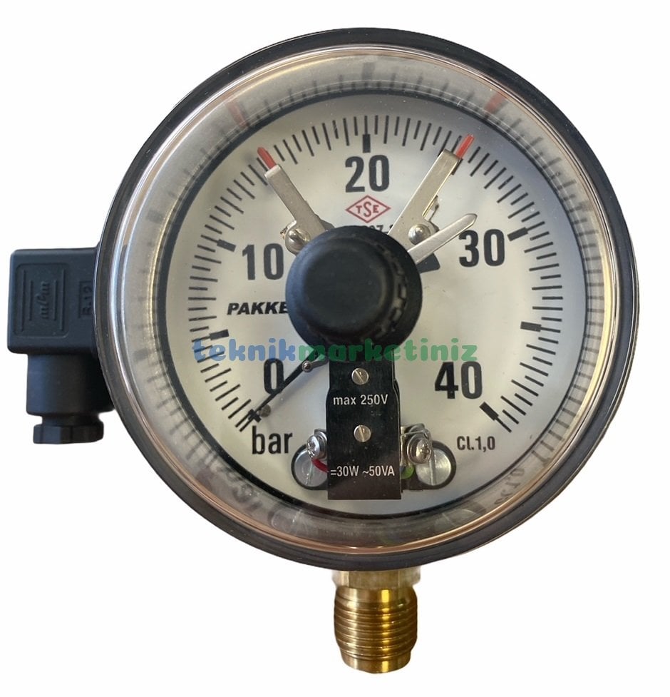 Ø100mm 0/40 Bar Alttan Bağlantılı ÇİFT Elektrik Kontaklı Hassas Manometre, Basınç Ölçer IP65 Kurutip G1/2'' CL1,0 PAKKENS