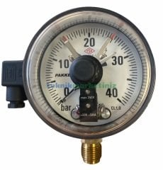 Ø100mm 0/40 Bar Alttan Bağlantılı ÇİFT Elektrik Kontaklı Hassas Manometre, Basınç Ölçer IP65 Kurutip G1/2'' CL1,0 PAKKENS