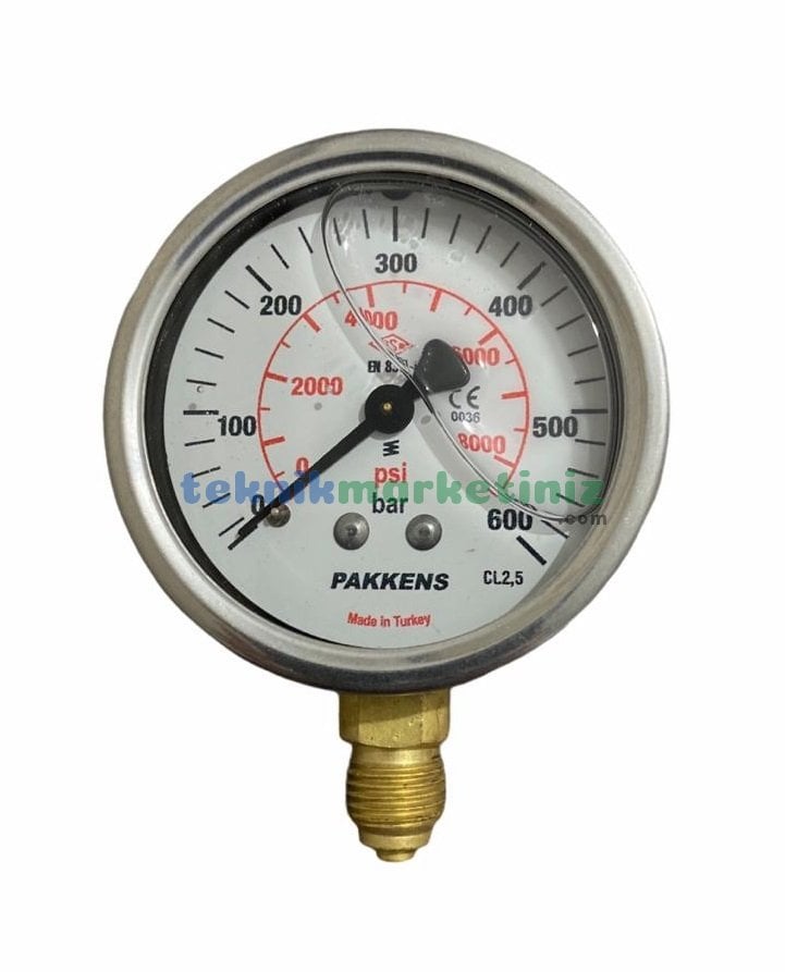 Ø63mm 0-600 Bar Alttan Bağlantılı Gliserinli, Sıvı Dolgulu G1/4'' Manometre, Basınç Göstergesi CL2,5 PAKKENS