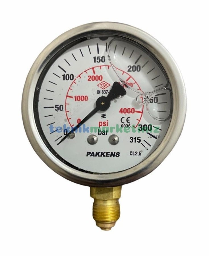 Ø63mm 0-315 Bar Alttan Bağlantılı Gliserinli, Sıvı Dolgulu G1/4'' Manometre, Basınç Göstergesi CL2,5 PAKKENS