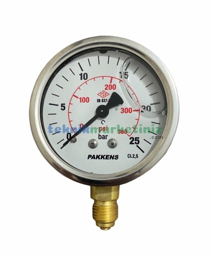 Ø63mm 0-25 Bar Alttan Bağlantılı Gliserinli, Sıvı Dolgulu G1/4'' Manometre, Basınç Göstergesi CL2,5 PAKKENS
