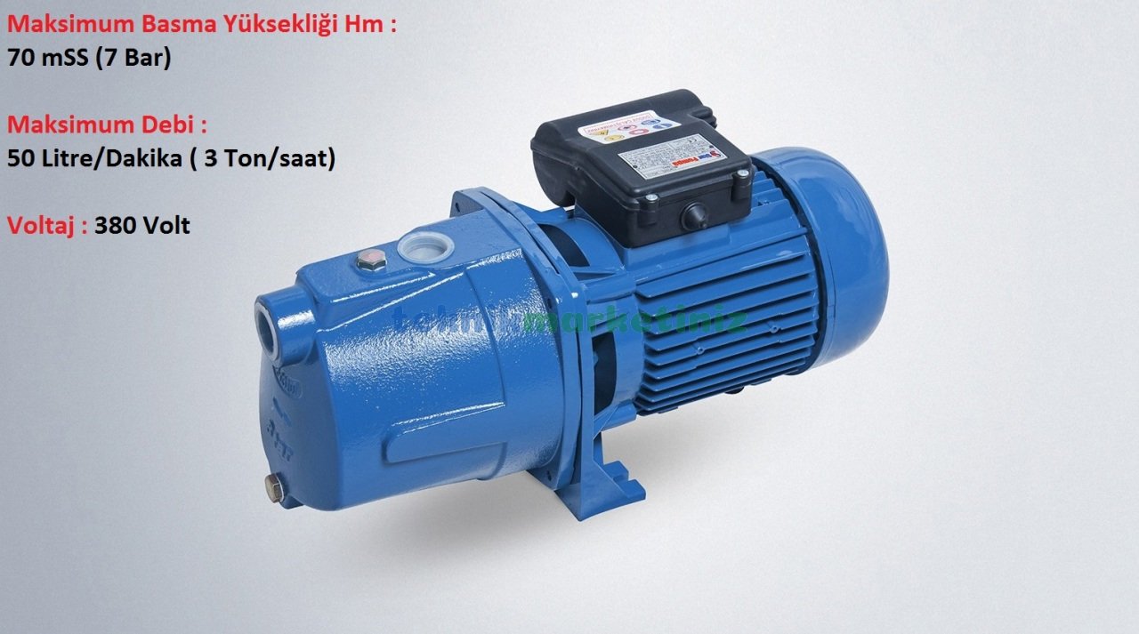 SPJ15T Jet Tipi Pompa 1,5 HP - 1,1KW, 380 Volt Trifaze, 70 mss, 3 Ton/saat, Jet Tip Kendinden Emişli Su Pompası
