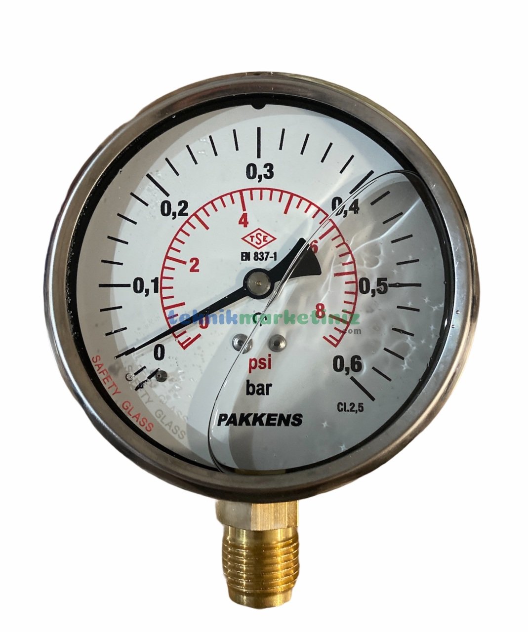 Ø100mm 0-0,6 Bar Alttan Bağlantılı Gliserinli, Sıvı Dolgulu G1/2'' Manometre, Basınç Göstergesi CL2,5 PAKKENS