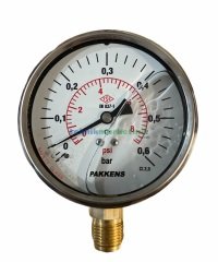 Ø100mm 0-0,6 Bar Alttan Bağlantılı Gliserinli, Sıvı Dolgulu G1/2'' Manometre, Basınç Göstergesi CL2,5 PAKKENS