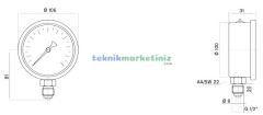 Ø100mm 0-0,6 Bar Alttan Bağlantılı Gliserinli, Sıvı Dolgulu G1/2'' Manometre, Basınç Göstergesi CL2,5 PAKKENS