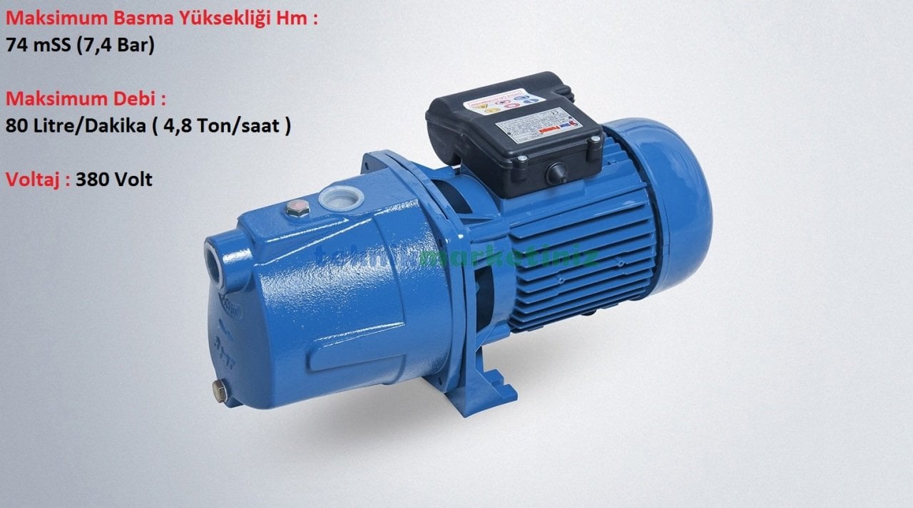 SPJ30T Jet Tipi Pompa 3 HP - 2,2KW, 380 Volt Trifaze, 76 mss, 4,8 Ton/saat, Jet Tip Kendinden Emişli Su Pompası