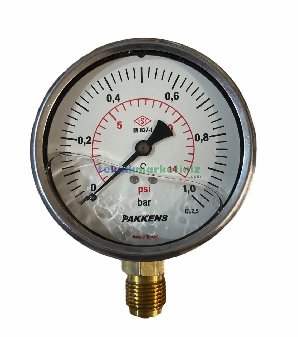 Ø100mm 0-1 Bar Alttan Bağlantılı Gliserinli, Sıvı Dolgulu G1/2'' Manometre, Basınç Göstergesi CL2,5 PAKKENS