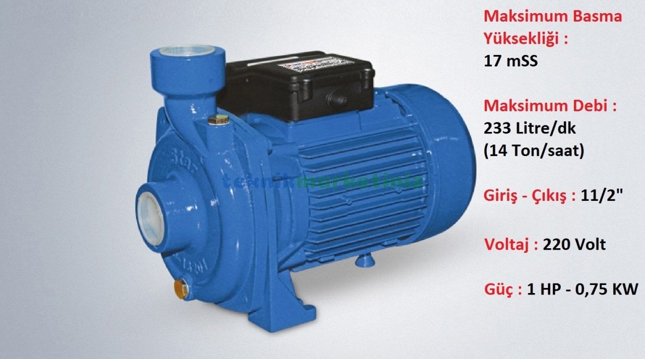 SPS100A Açık Çarklı Pompa 1 HP - 0,75KW, 220 Volt Monofaze, 17 mss, 14 Ton/saat, Sürtme Çarklı Santrifüj Su Pompası STAR POMPA