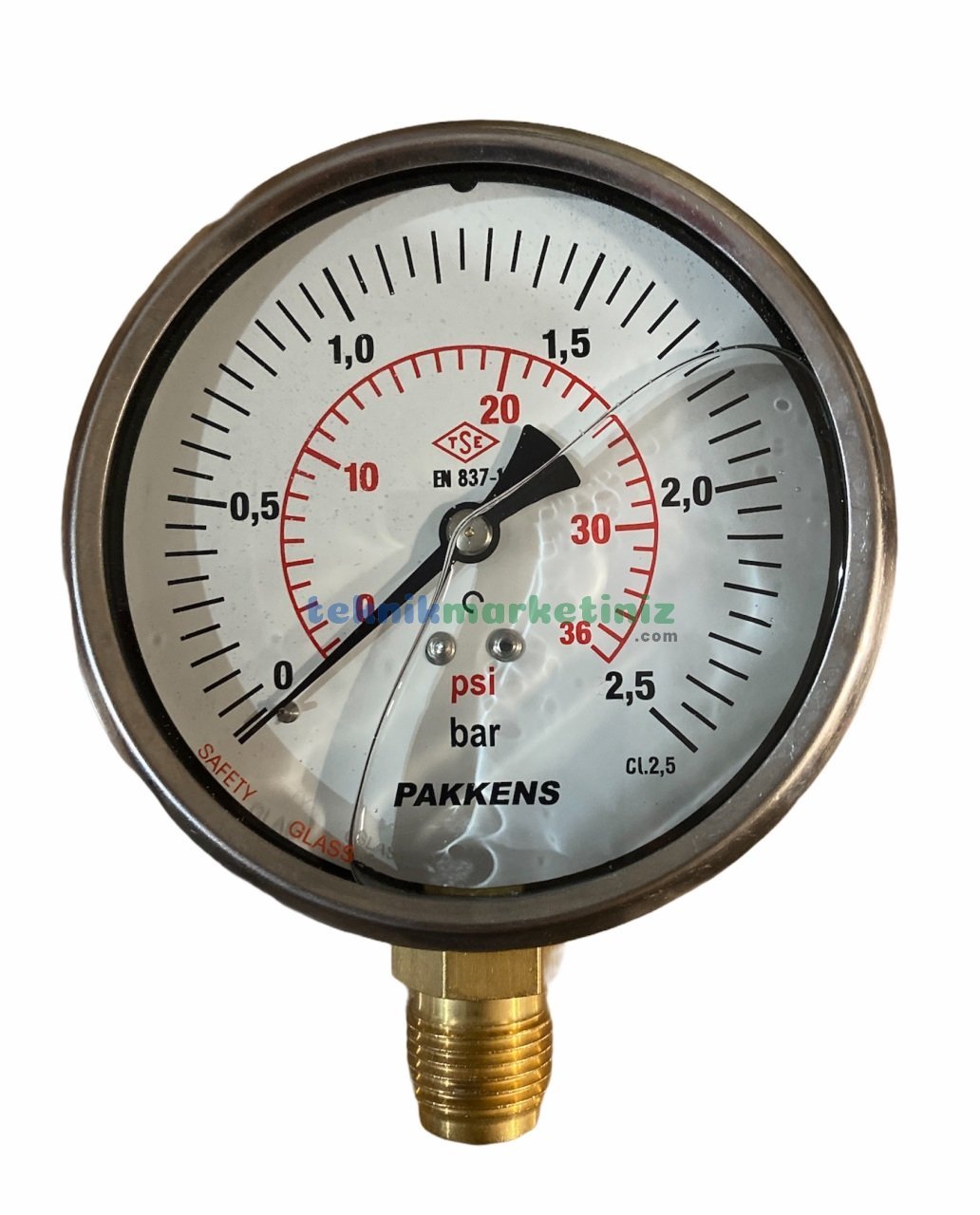 Ø100mm 0-2,5 Bar Alttan Bağlantılı Gliserinli, Sıvı Dolgulu G1/2'' Manometre, Basınç Göstergesi CL2,5 PAKKENS