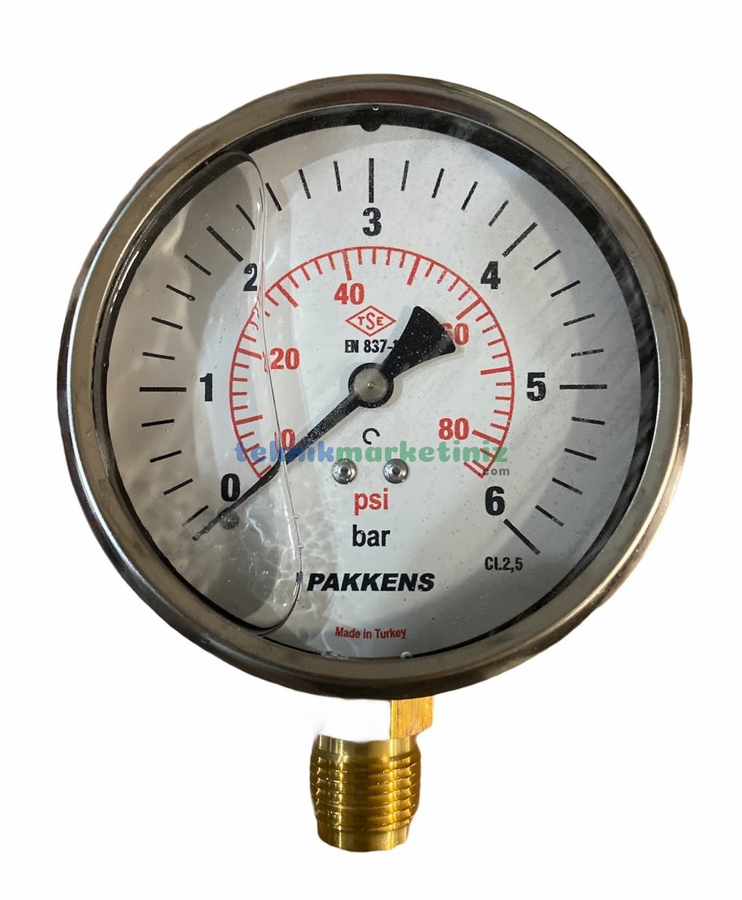 Ø100mm 0-6 Bar Alttan Bağlantılı Gliserinli, Sıvı Dolgulu G1/2'' Manometre, Basınç Göstergesi CL2,5 PAKKENS