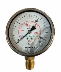 Ø100mm 0-16 Bar Alttan Bağlantılı Gliserinli, Sıvı Dolgulu G1/2'' Manometre, Basınç Göstergesi CL2,5 PAKKENS