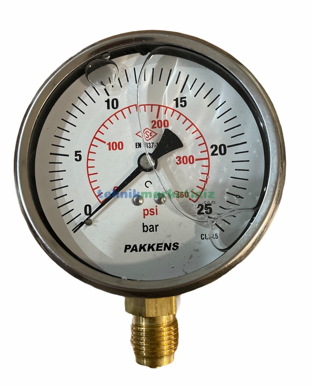 Ø100mm 0-25 Bar Alttan Bağlantılı Gliserinli, Sıvı Dolgulu G1/2'' Manometre, Basınç Göstergesi CL2,5 PAKKENS