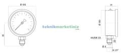 Ø100mm 0-25 Bar Alttan Bağlantılı Gliserinli, Sıvı Dolgulu G1/2'' Manometre, Basınç Göstergesi CL2,5 PAKKENS