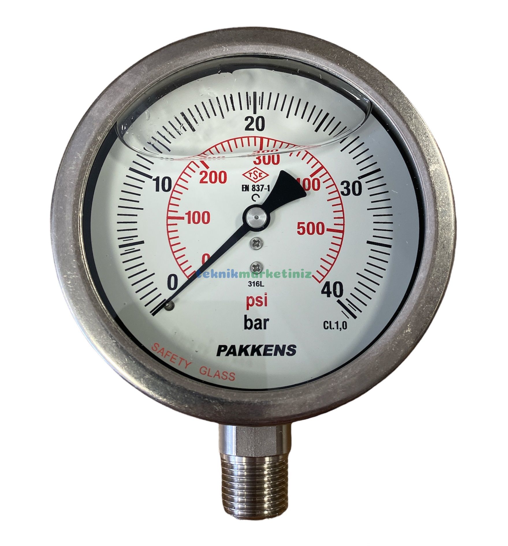 Ø100mm 0/40 Bar Alttan Bağlantılı Komple Paslanmaz Sıvı Dolgulu CL1,0 Hassas Basınç Ölçer, Manometre 1/2''NPT Class 1,0 PAKKENS