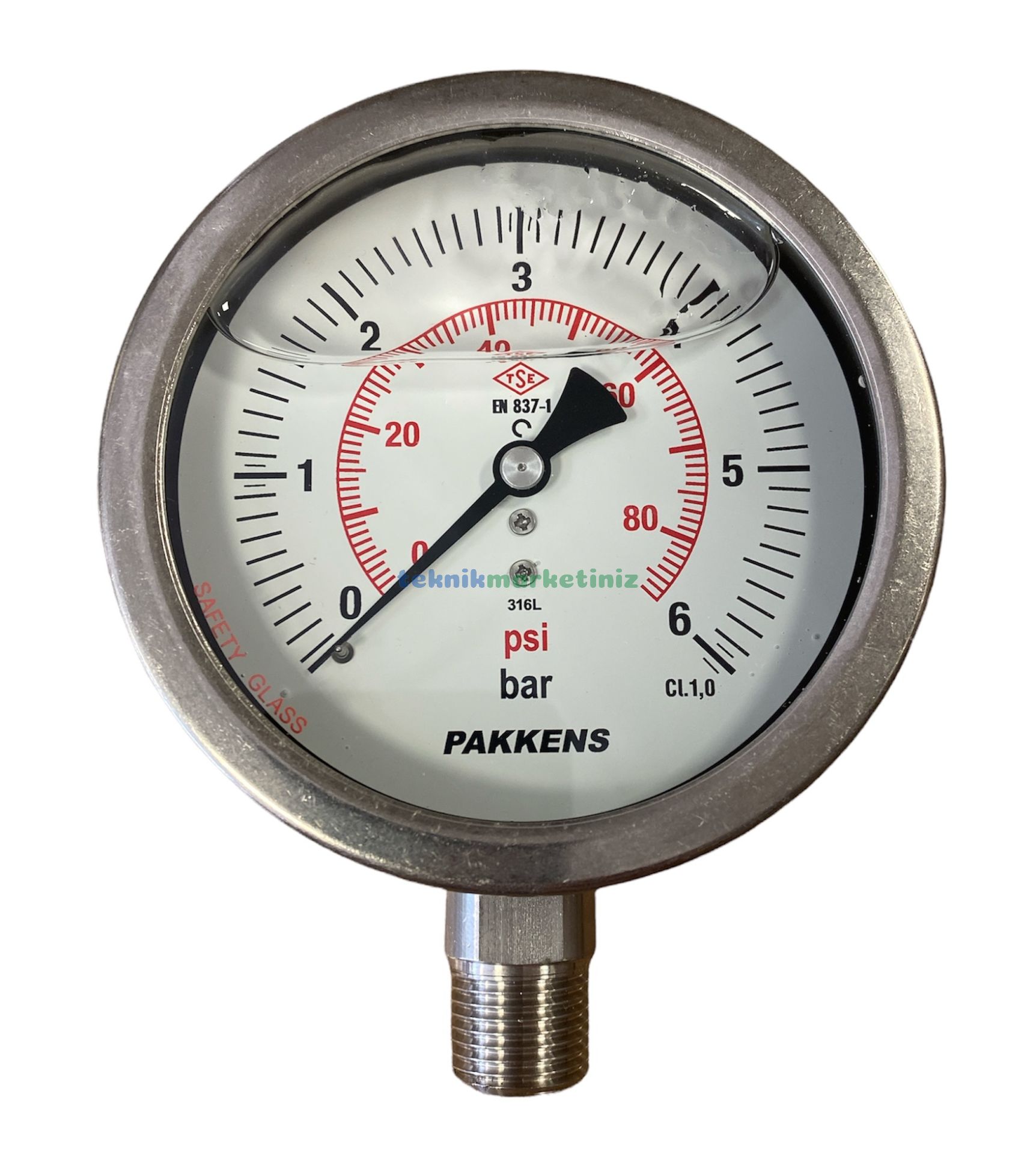 Ø100mm 0/6 Bar Alttan Bağlantılı Komple Paslanmaz Sıvı Dolgulu CL1,0 Hassas Basınç Ölçer, Manometre 1/2''NPT Class 1,0 PAKKENS