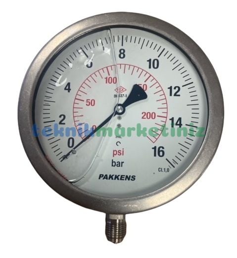 Ø160mm 0/16 Bar Alttan Bağlantılı Komple Paslanmaz Sıvı Dolgulu CL1,0 Hassas Basınç Ölçer, Manometre G1/2'' Class 1,0 PAKKENS