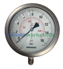 Ø160mm 0/16 Bar Alttan Bağlantılı Komple Paslanmaz Sıvı Dolgulu CL1,0 Hassas Basınç Ölçer, Manometre G1/2'' Class 1,0 PAKKENS