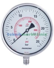 Ø160mm 0/25 Bar Alttan Bağlantılı Komple Paslanmaz Sıvı Dolgulu CL1,0 Hassas Basınç Ölçer, Manometre G1/2'' Class 1,0 PAKKENS