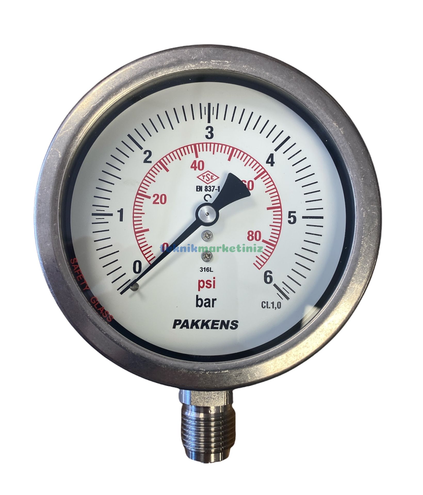 Ø100mm 0/6 Bar Alttan Bağlantılı Komple Paslanmaz Kurutip CL1,0 Hassas Basınç Ölçer, Manometre G1/2'' Class 1,0 PAKKENS