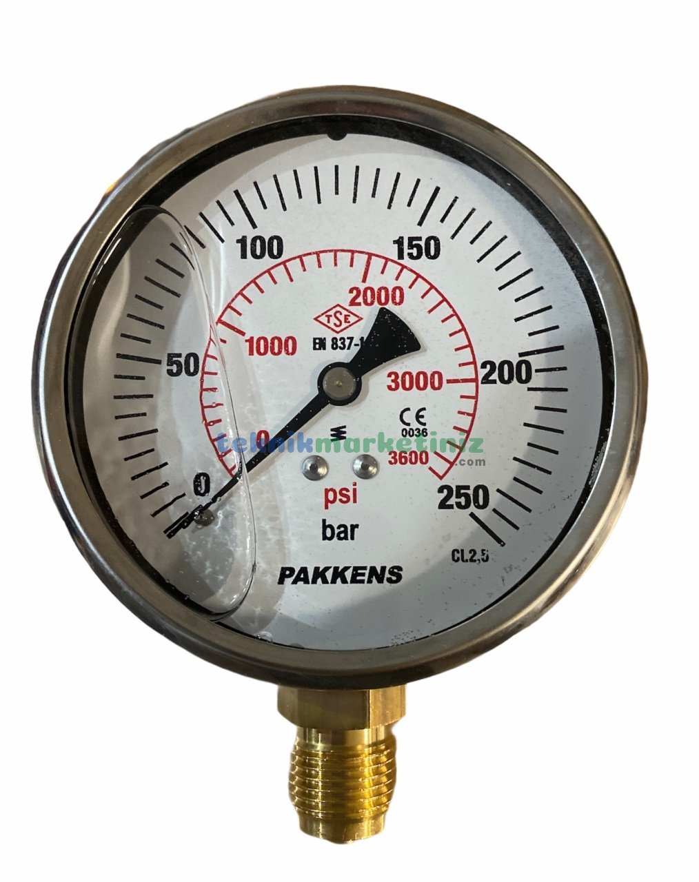 Ø100mm 0-250 Bar Alttan Bağlantılı Gliserinli, Sıvı Dolgulu G1/2'' Manometre, Basınç Göstergesi CL2,5 PAKKENS