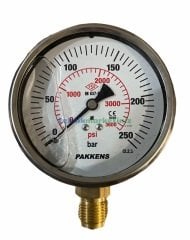 Ø100mm 0-250 Bar Alttan Bağlantılı Gliserinli, Sıvı Dolgulu G1/2'' Manometre, Basınç Göstergesi CL2,5 PAKKENS