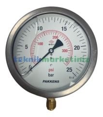 Ø160mm 0/25 Bar Alttan Bağlantılı Paslanmaz Gövde Sıvı Dolgulu CL1,0 Hassas Basınç Ölçer, Manometre G1/2'' Prinç Bağlantı Elemanlı Class 1,0 PAKKENS