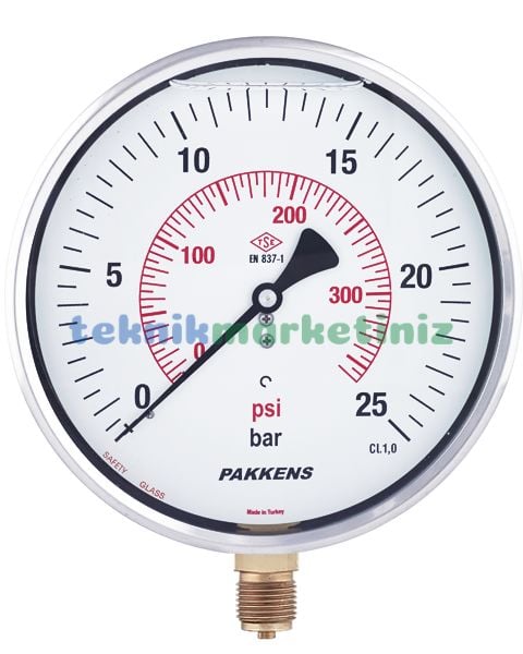 Ø160mm 0/25 Bar Alttan Bağlantılı Paslanmaz Gövde Sıvı Dolgulu CL1,0 Hassas Basınç Ölçer, Manometre G1/2'' Prinç Bağlantı Elemanlı Class 1,0 PAKKENS