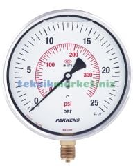 Ø160mm 0/25 Bar Alttan Bağlantılı Paslanmaz Gövde Sıvı Dolgulu CL1,0 Hassas Basınç Ölçer, Manometre G1/2'' Prinç Bağlantı Elemanlı Class 1,0 PAKKENS