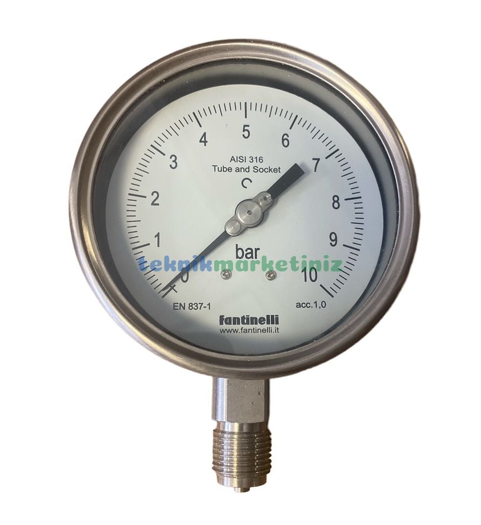 Ø100mm 0/10 Bar Alttan Bağlantılı Komple Paslanmaz Kurutip CL1,0 Hassas Basınç Ölçer, Manometre G1/2'' Class 1,0 Fantinelli