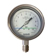 Ø100mm 0/10 Bar Alttan Bağlantılı Komple Paslanmaz Kurutip CL1,0 Hassas Basınç Ölçer, Manometre G1/2'' Class 1,0 Fantinelli