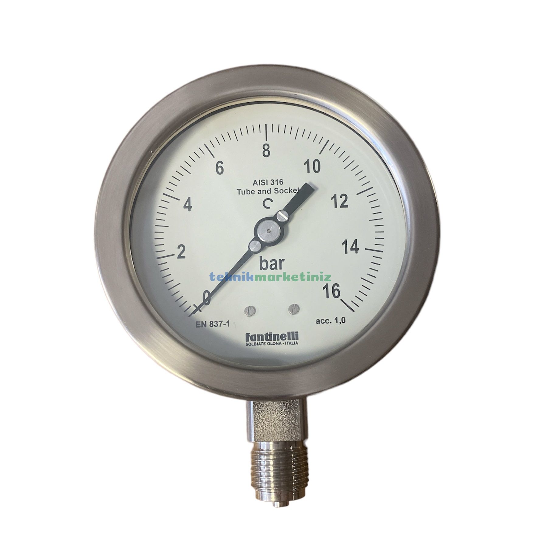 Ø100mm 0/16 Bar Alttan Bağlantılı Komple Paslanmaz Kurutip CL1,0 Hassas Basınç Ölçer, Manometre G1/2'' Class 1,0 Fantinelli