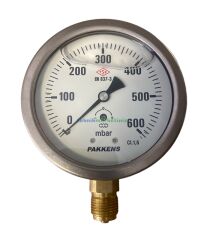 Ø100mm 0/600 Milibar Alttan Bağlantılı Gliserin Dolgulu Kapsül Diyaframlı Basınç Ölçer, Milibar Manometre G1/2'' CL1,6 PAKKENS