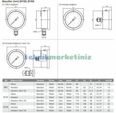 Ø100mm 0/600 Milibar Alttan Bağlantılı Gliserin Dolgulu Kapsül Diyaframlı Basınç Ölçer, Milibar Manometre G1/2'' CL1,6 PAKKENS