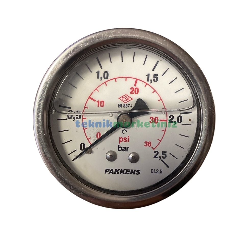 Ø63mm 0-2,5 Bar Arkadan Bağlantılı Gliserinli, Sıvı Dolgulu G1/4'' Manometre, Basınç Göstergesi CL2,5 PAKKENS