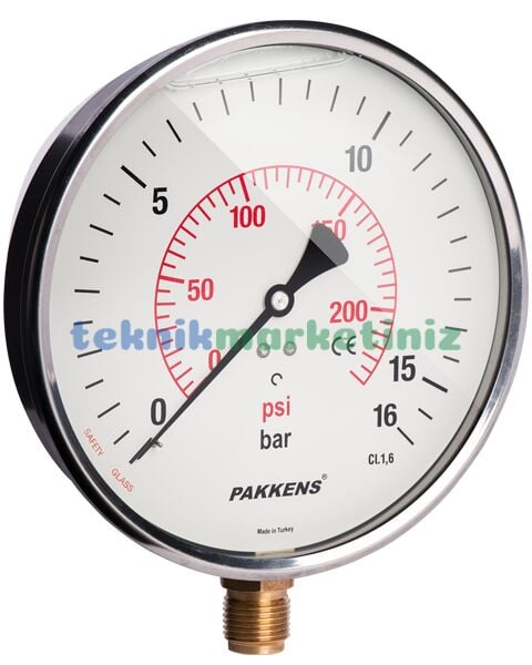 Ø160mm 0-16 Bar Alttan Bağlantılı Gliserinli, Sıvı Dolgulu G1/2'' Manometre, Basınç Göstergesi CL1,6 PAKKENS
