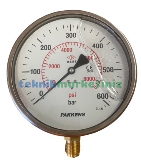 Ø160mm 0-600 Bar Alttan Bağlantılı Gliserinli, Sıvı Dolgulu G1/2'' Manometre, Basınç Göstergesi CL1,6 PAKKENS