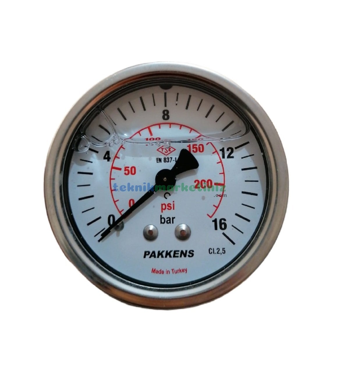 Ø63mm 0-16 Bar Arkadan Bağlantılı Gliserinli, Sıvı Dolgulu G1/4'' Manometre, Basınç Göstergesi CL2,5 PAKKENS