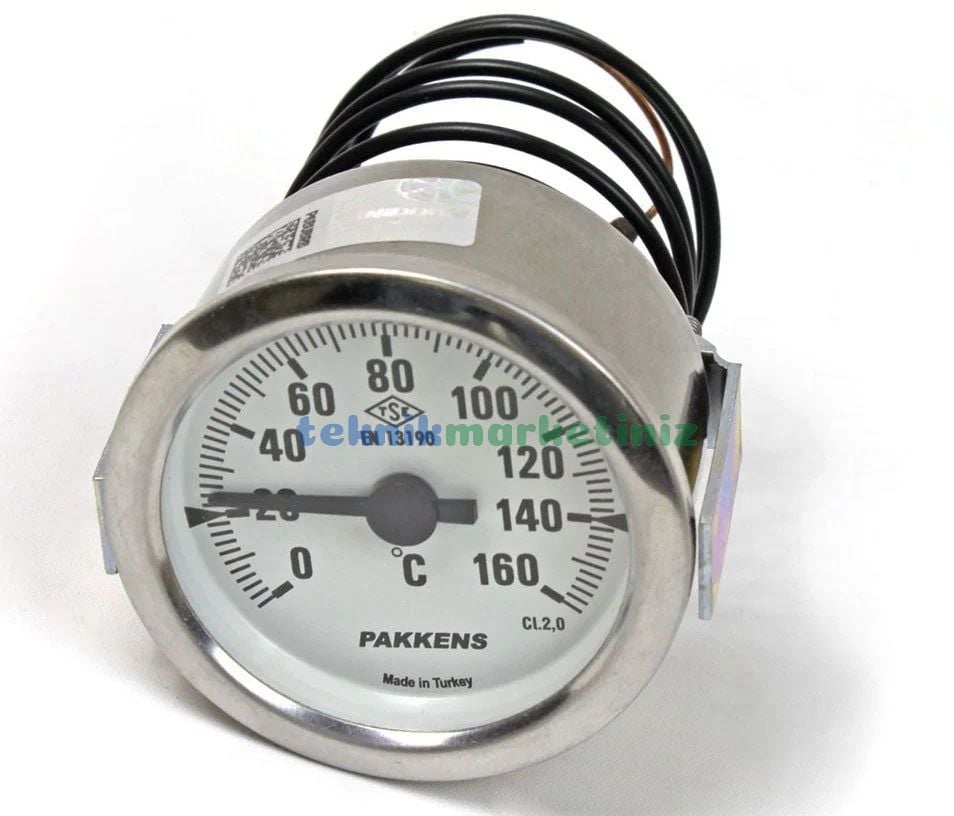 Ø60mm 0/160 C° Derece Gaz Dolgu Kablolu Göstergeli Sıcaklık Ölçer Termometre EN13190 Panotip Arka Çıkışlı Kablo Boyu :