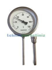 Ø100mm 0/+120°C Derece, Komple Paslanmaz Alttan Çıkışlı G1/2'' Bi-Metal Sıcaklık Ölçer, Termometre, Mekanik Isı Gösterge Saati, CL2,0 PAKKENS, Dalma Boyu :