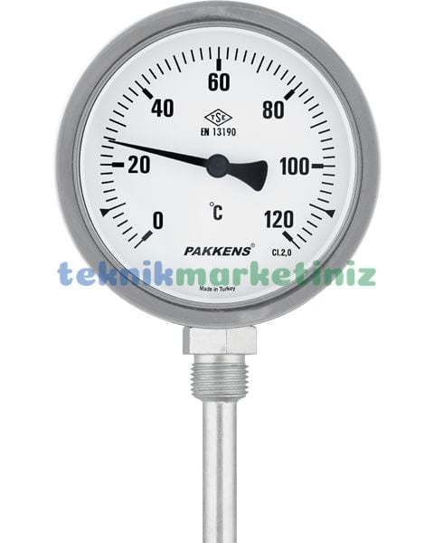 Ø100mm 0/+120°C Derece, Komple Paslanmaz Alttan Çıkışlı G1/2'' Bi-Metal Sıcaklık Ölçer, Termometre, Mekanik Isı Gösterge Saati, CL2,0 PAKKENS, Dalma Boyu :