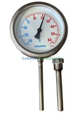 Ø100mm -30/+60°C Derece, Komple Paslanmaz Alttan Çıkışlı G1/2'' Bi-Metal Sıcaklık Ölçer, Termometre, Mekanik Isı Gösterge Saati, CL2,0 PAKKENS, Dalma Boyu :