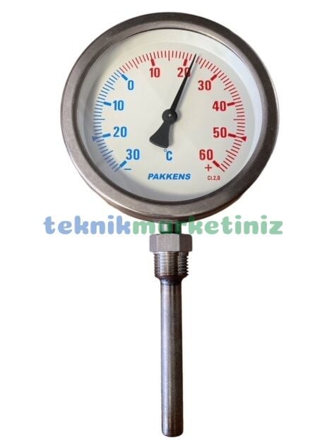 Ø100mm -30/+60°C Derece, Komple Paslanmaz Alttan Çıkışlı G1/2'' Bi-Metal Sıcaklık Ölçer, Termometre, Mekanik Isı Gösterge Saati, CL2,0 PAKKENS, Dalma Boyu :